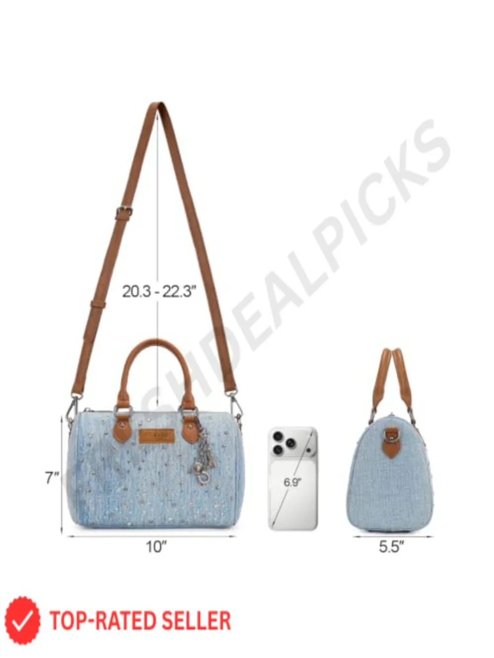 Rhinestone Denim Barrel Bag Crossbody Satchel Purse Y2K Top-Handle